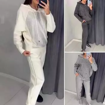 2 шт./комплект женский костюм с капюшоном и брюками со стразами, длинные рукава, пэчворк, спорт S темно-серого