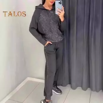 2 шт./комплект женский костюм с капюшоном и брюками, декорированный стразами, с длинными рукавами, пэчворк, спортивная толстовка с эластичной талией, брюки, фитнес-костюм, осенне-весенний спортивный костюм M темно-серого