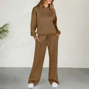 2 шт./комплект женский костюм с капюшоном брюки однотонный цвет длинный рукав с капюшоном топ S чёрный