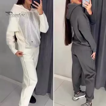 2 шт./комплект женский костюм с капюшоном и брюками, декорированный стразами, с длинными рукавами, пэчворк, спортивная толстовка с эластичной талией, брюки, фитнес-костюм, осенне-весенний спортивный костюм S темно-серого