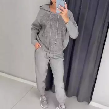 2 шт./комплект женский костюм с капюшоном и брюками, декорированный стразами, с длинными рукавами, пэчворк, спортивная толстовка с эластичной талией, брюки, фитнес-костюм, осенне-весенний спортивный костюм S темно-серого