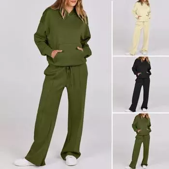 2 шт./комплект женский костюм с капюшоном брюки однотонный длинный рукав с капюшоном топ эластичный пояс прямые широкие брюки спортивный фитнес наряд S светло-желтого