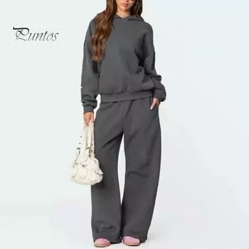 2 шт./комплект женский костюм с капюшоном и брюками с бантом, с капюшоном, длинными рукавами, широкими штанинами, регулируемой талией, спортивные брюки, осенне-зимний спортивный костюм S темно-серого