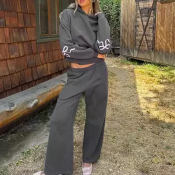 2 шт./комплект женский костюм с капюшоном и брюками с бантом, с капюшоном, длинными рукавами, широкими штанинами, регулируемой талией, спортивные брюки, осенне-зимний спортивный костюм S темно-серого