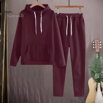 2 шт./комплект женский костюм с капюшоном и брюками на шнурке с длинными рукавами спортивный топ с эластичной резинкой на талии брюки с резинкой на щиколотке фитнес-костюм осенне-весенний спортивный костюм M абрикосовый