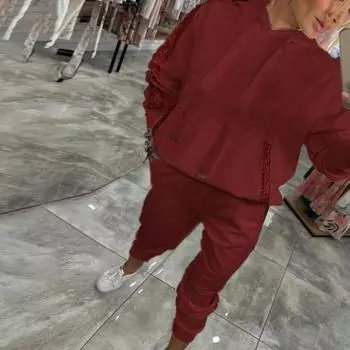 2 шт./комплект женский костюм с капюшоном брюки длинные рукава с пайетками карман L темно-красного
