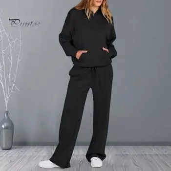 2 шт./комплект женский костюм с капюшоном брюки однотонный длинный рукав с капюшоном топ эластичный пояс прямые широкие брюки спортивный фитнес одежда осень зима S светло-желтого