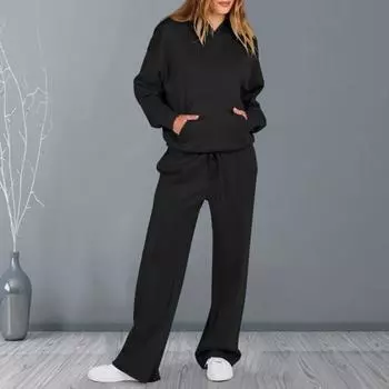 2 шт./комплект женский костюм с капюшоном брюки однотонный длинный рукав с капюшоном топ эластичный пояс прямые широкие брюки спортивный фитнес наряд S чёрный