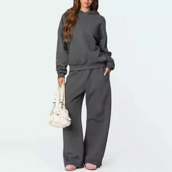 2 шт./комплект женский костюм с капюшоном и брюками с бантом, с капюшоном, длинными рукавами, широкими штанинами, регулируемой талией, спортивные брюки, осенне-зимний спортивный костюм S темно-серого