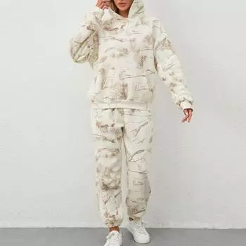 2 шт./комплект женский костюм с капюшоном и брюками с принтом, длинные рукава, толстый верх, эластичный пояс, облегающие брюки, спортивный костюм для фитнеса, осенне-зимний спортивный костюм S абрикосовый