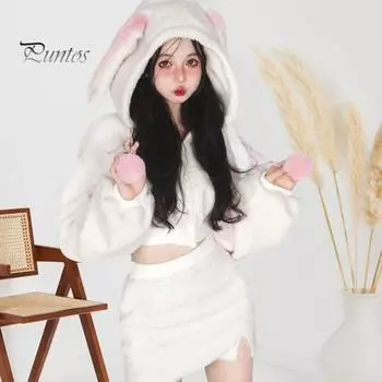 2 шт./комплект женский костюм с капюшоном и юбкой толстый плюшевый декор в виде заячьих ушей короткий топ высокая талия облегающий мини-юбка комплект косплей вечеринка наряд для домашнего шопинга S белый