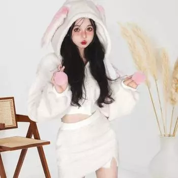 2 шт./комплект женский костюм с капюшоном и юбкой толстый плюшевый декор в виде заячьих ушей короткий топ высокая талия облегающий мини-юбка комплект косплей вечеринка наряд для домашнего шопинга S белый