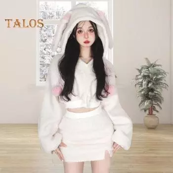 2 шт./комплект женский костюм с капюшоном и юбкой толстый плюшевый декор в виде заячьих ушей короткий топ высокая талия облегающий мини-юбка комплект косплей вечеринка наряд для домашнего шопинга S белый