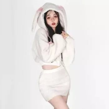 2 шт./комплект женский костюм с капюшоном и юбкой толстый плюшевый декор в виде заячьих ушей короткий топ высокая талия облегающий мини-юбка комплект косплей вечеринка наряд для домашнего шопинга S белый