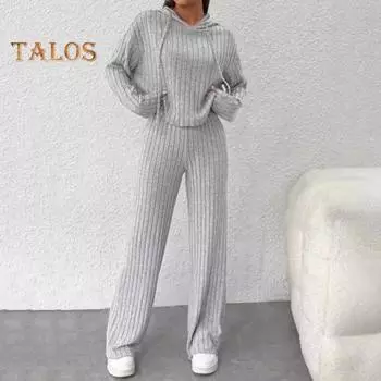 2 шт./комплект женский костюм с капюшоном и брюками на шнурке с длинными рукавами однотонный топ с высокой талией широкие спортивные брюки весна-осень спортивный костюм S серый