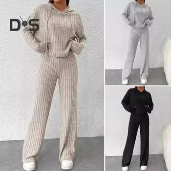 2 шт./комплект женский костюм с капюшоном и брюками на шнурке с длинными рукавами однотонный топ с высокой талией широкие спортивные брюки весна-осень спортивный костюм S абрикосовый