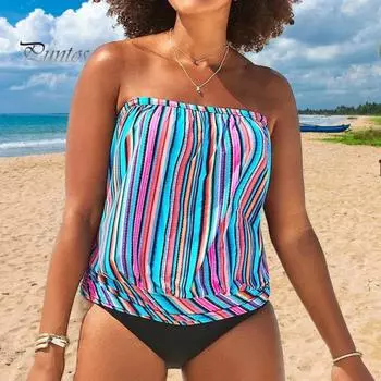 2 шт./комплект женский купальник бандо без рукавов полосатый принт купальные топы с высокой талией плавки комплект пляжная одежда L Stripe