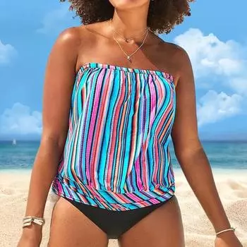 2 шт./комплект женский купальник бандо без рукавов полосатый принт купальные топы с высокой талией плавки комплект пляжная одежда L Stripe