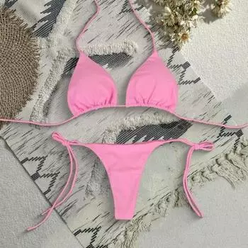 2 шт./комплект, женский купальник-бикини с треугольными чашечками, бретельками через шею, с подкладками для груди, купальник-стринги со шнуровкой, сексуальный пляжный купальный костюм для пляжного отдыха M белый