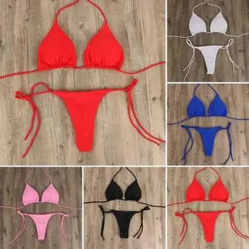 2 шт./комплект, женский купальник-бикини с треугольными чашечками, бретельками через шею, с подкладками на груди, купальник-стринги со шнуровкой, сексуальный пляжный купальный костюм S синий