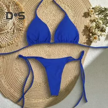 2 шт./комплект, женский купальник-бикини с треугольными чашечками, бретельками через шею, с подкладками для груди, купальник-стринги со шнуровкой, сексуальный пляжный костюм для отдыха на пляже и у бассейна L синий