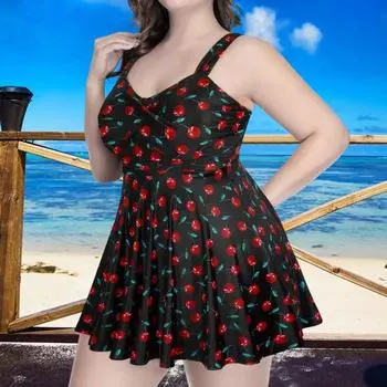 2 шт./комплект женский купальник из двух частей плюс размер вишневый принт купальник с трусиками летний пляж бассейн женский купальный костюм танкини купальники S чёрный