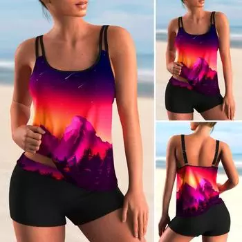 2 шт./комплект женский купальник модный принт регулируемый из двух частей закрытый живот без рукавов купальный костюм 2XL зелёный