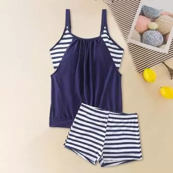 2 шт./комплект женский купальник полосатый жилет с нагрудными вкладышами эластичный пояс шорты комплект горячий M темно-синий