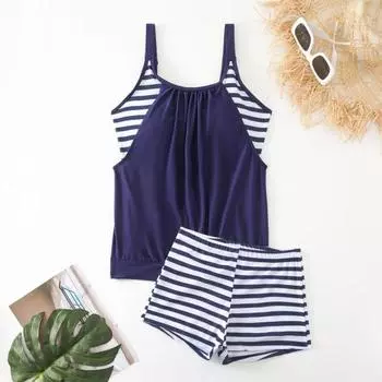 2 шт./комплект женский купальник полосатый жилет с нагрудными подушечками эластичный пояс шорты комплект горячий весенний купальный костюм быстросохнущая летняя пляжная одежда M темно-синий
