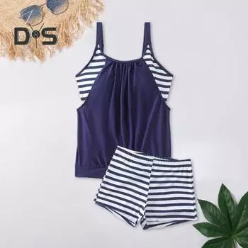 2 шт./комплект женский купальник полосатый жилет с нагрудными подушечками эластичный пояс шорты комплект горячий весенний купальный костюм быстросохнущая летняя пляжная одежда M темно-синий
