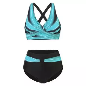 2 шт./комплект женский купальник пуш-ап топы с подкладкой высокая талия плавки комплект бикини пэчворк цвет S синий