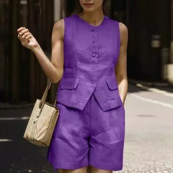 2 шт./комплект женский летний наряд круглый вырез без рукавов пуговицы планка жилет высокая талия шорты комплект пригородный стиль официальная одежда S жёлтый