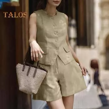 2 шт./комплект женский летний наряд круглый вырез без рукавов пуговицы планка жилет высокая талия шорты комплект пригородный стиль официальная одежда S фиолетовый