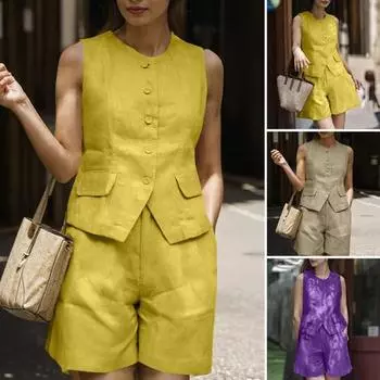 2 шт./комплект женский летний наряд круглый вырез без рукавов пуговицы планка жилет высокая талия шорты комплект пригородный стиль официальная одежда S фиолетовый