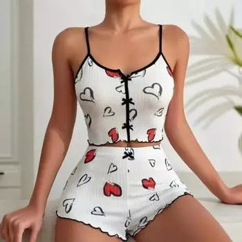 2 шт./комплект женский летний пижамный костюм с принтом бабочки и сердца без рукавов с открытой спиной полицейский S красный