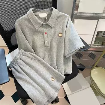 2 шт./комплект женский летний топ шорты комплект пуговицы отложной воротник короткие рукава стиль преппи футболка эластичный пояс свободный боковой карман M серый