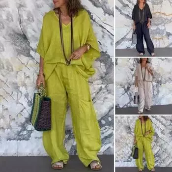 2 шт./комплект женский летний весенний наряд с V-образным вырезом и короткими рукавами топ с высокой талией широкие брюки домашняя повседневная одежда пижамный комплект осенне-зимний спортивный костюм XXXL