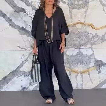2 шт./комплект женский летний весенний наряд с V-образным вырезом и короткими рукавами топ с высокой талией широкие брюки домашняя повседневная одежда пижамный комплект осенне-зимний спортивный костюм XXXL