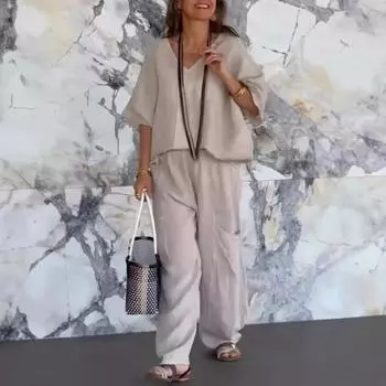 2 шт./комплект женский летний весенний наряд V-образный вырез половина рукава топ высокая талия XXXL светло-серый