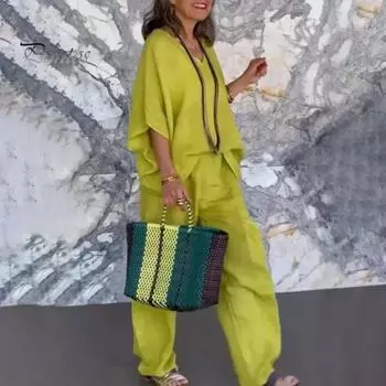 2 шт./комплект женский летний весенний наряд с V-образным вырезом и короткими рукавами топ с высокой талией широкие брюки домашняя повседневная одежда пижамный комплект осенне-зимний спортивный костюм XXXL чёрный