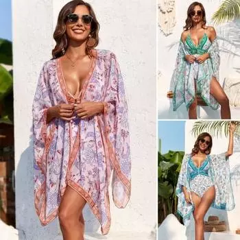 2 шт./комплект женский монокини кардиган комплект цветочный принт глубокий V-образный вырез спагетти M зелёный