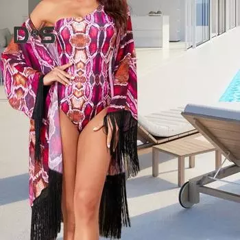 2 шт./комплект женский монокини накидка комплект цветной принт одно плечо обтягивающий быстросохнущий купальник кисточка кардиган солнцезащитный женский купальник комплект XL розовый