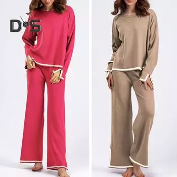 2 шт./комплект женский осенне-зимний повседневный наряд контрастного цвета с круглым вырезом и длинными рукавами свитер с боковыми разрезами топы с эластичной резинкой на талии и широкими брюками на шнурке XL хаки