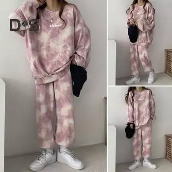 2 шт./комплект женский осенне-зимний тай-дай-принт повседневная спортивная одежда с круглым вырезом и длинными рукавами пуловер топы свободного кроя длинные брюки комплект M серый