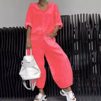 2 шт./комплект женский пальто брюки костюм с капюшоном молния рукава до локтя шнуровка подол верх широкий свободный M чёрный