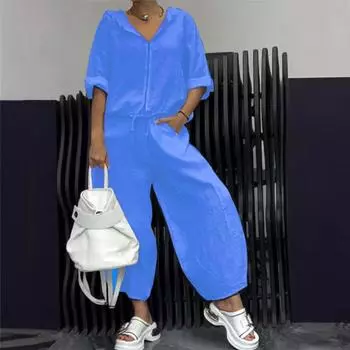 2 шт./комплект женский пальто брюки костюм с капюшоном молния рукава половина шнуровка подол широкие брюки свободные карманы брюки зимняя повседневная одежда Trac M фиолетовый