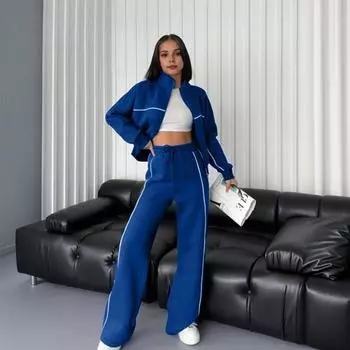 2 шт./комплект женский пальто брюки костюм полувысокий воротник застежка-молния длинный рукав топ эластичный пояс широкие штанины S чёрный