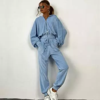 2 шт./комплект женский пальто брюки костюм с капюшоном застежка-молния длинный рукав короткий топ эластичный подол и талия резинка до щиколотки карманы брюки зима D S синий