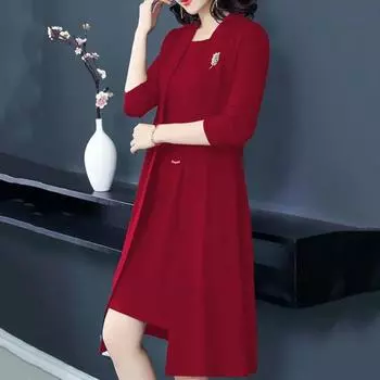 2 шт./комплект женский пальто платье костюм длинный рукав средней длины однотонный пиджак без рукавов круглый вырез А-силуэта миди платье плюс размер формальный деловой L синий