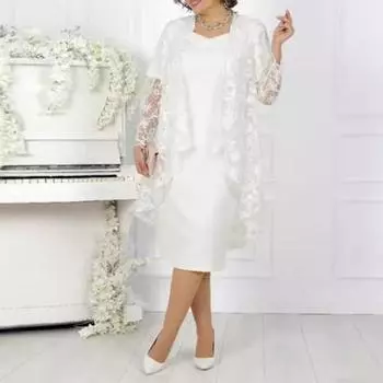2 шт./комплект женский пальто платье костюм длинный рукав средней длины кружевной кардиган короткий рукав стразы V-образный вырез миди платье формальный деловой стиль банкетный наряд S белый